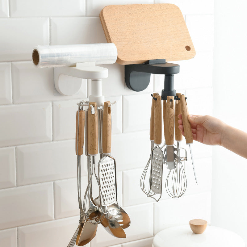 Kitchen Hook Free Punching Wall Hanging Kitchen Utensils Spatula Spoon Knife Storage Rotating Hook Retractable Rack